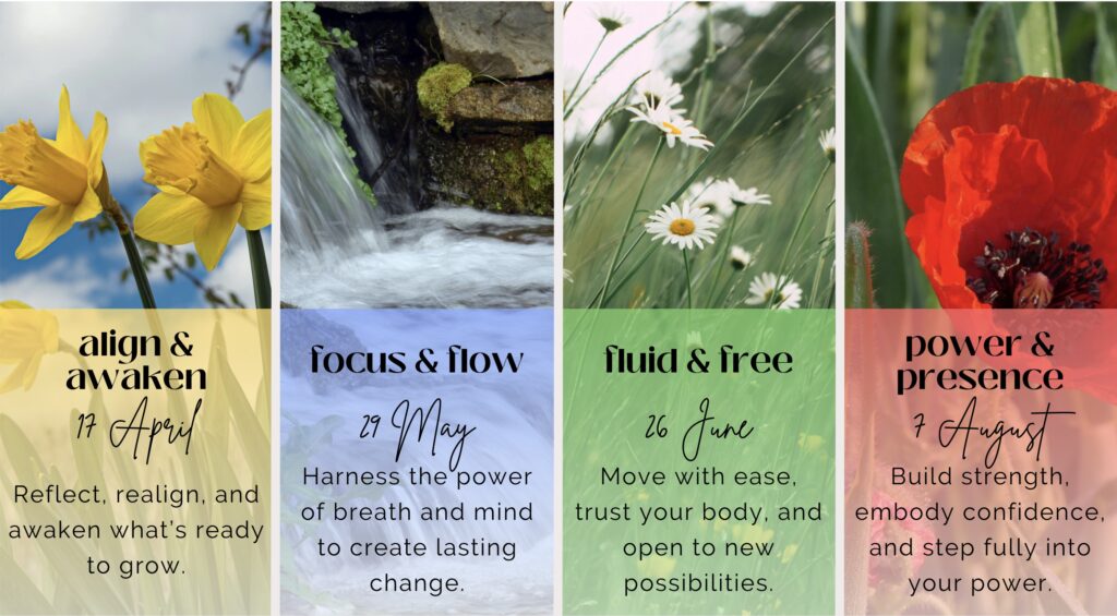 A colourful image advertising 4 upcoming retreats 'Align & Awaken', 'Focus & Flow', 'Fluid & Free' and 'Power & Presence'